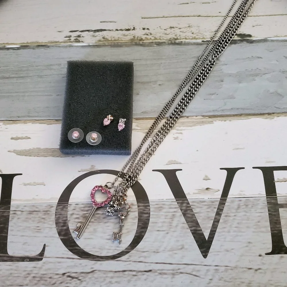 Pink Heart Key Necklace & 2 pairs of Pink Earrings